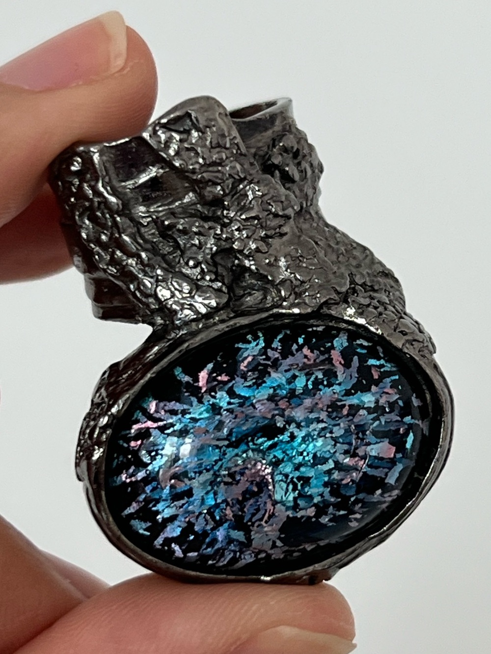 Yves Saint Laurent Metallic Black Ring with Blue and Purple Iridescent Stone